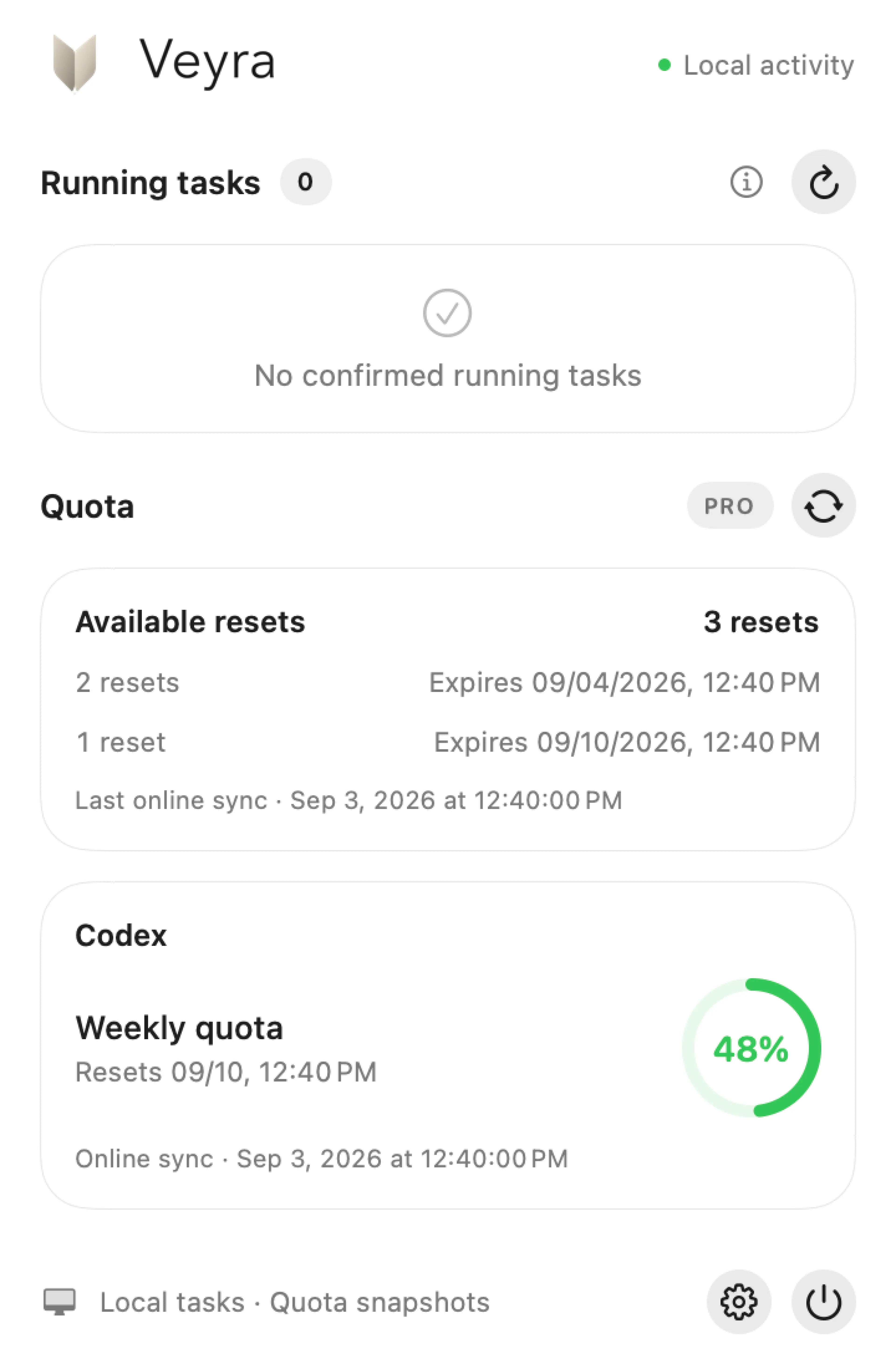 Veyra’s English quota panel with available reset credits grouped by expiration; example data